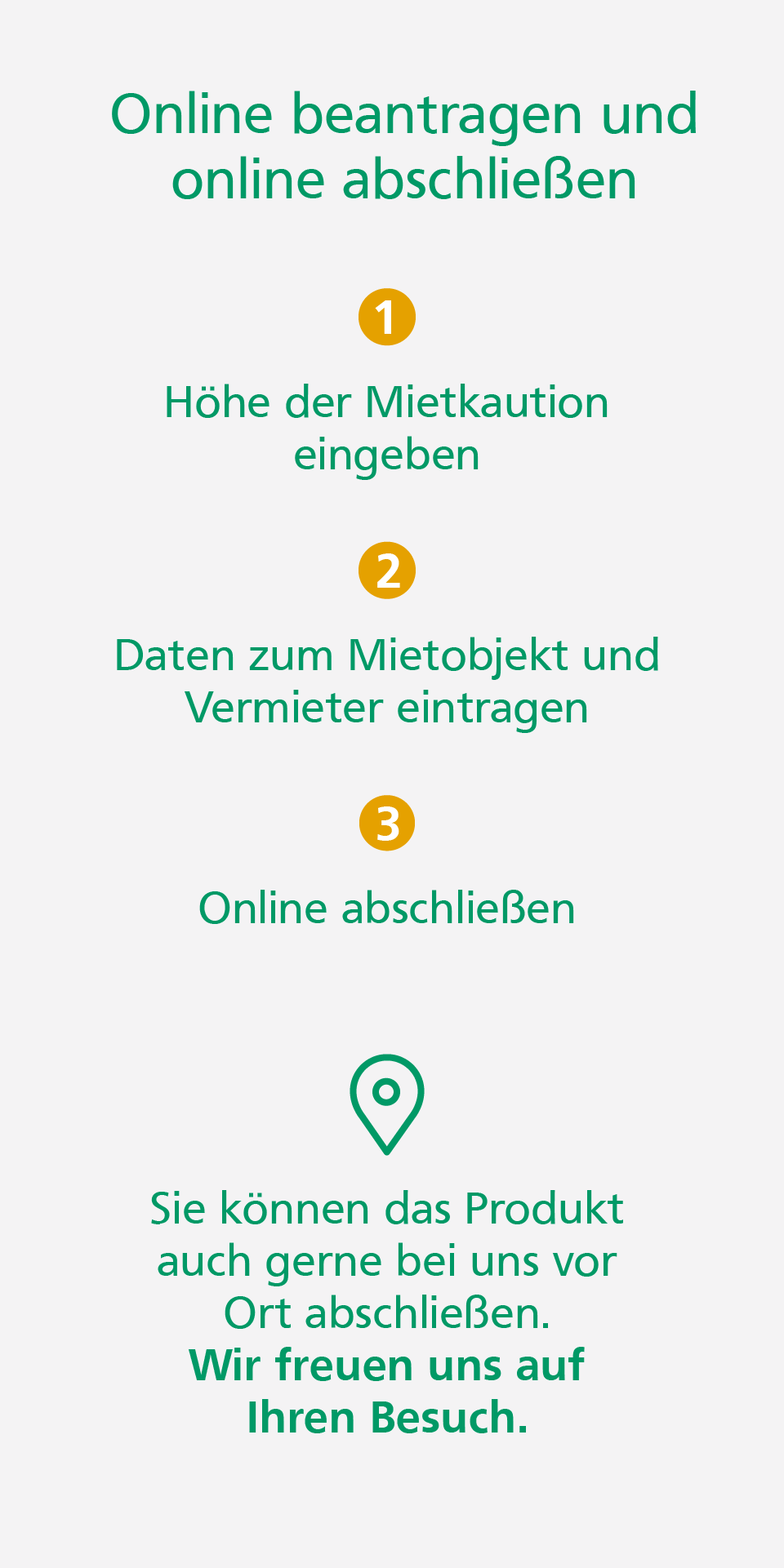 Mietbürgschaft Mietbürgschaft online beantragen und abschließen: 1. Basisdaten zum Mietobjekt eingeben, 2. Individuellen Versicherungsvorschlag erhalten, 3. Online-Antrag ausfüllen und online abschließen